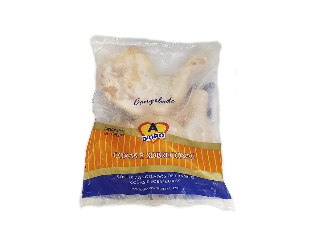 COXAS E SOBRECOXAS DE FRANGO CONGELADAS COM OSSO ADORO (CX 20 KG)